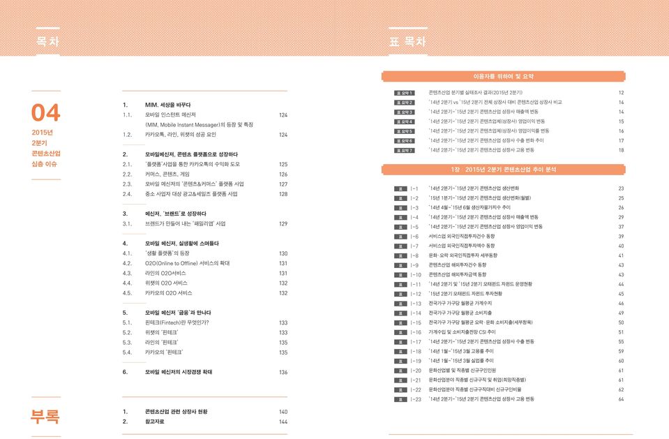 15년 콘텐츠산업 상장사 수출 변화 추이 14년 ~ 15년 콘텐츠산업 상장사 고용 변동 14 14 15 16 17 18 심층 이슈 2.1. 플랫폼 사업을 통한 카카오톡의 수익화 도모 2.2. 커머스, 콘텐츠, 게임 125 126 1장 2015년 2.3. 모바일 메신저의 콘텐츠&커머스 플랫폼 사업 2.4. 중소 사업자 대상 광고&세일즈 플랫폼 사업 127 128 표 Ⅰ-1 14년 ~ 15년 콘텐츠산업 생산변화 표 Ⅰ-2 15년 1분기~ 15년 콘텐츠산업 생산변화(월별) 23 25 3.