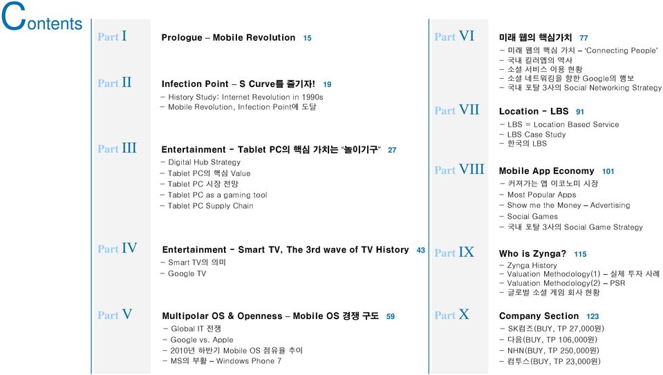 - Tablet PC as a gaming tool - Tablet PC Supply Chain Part IV Entertainment - Smart TV, The 3rd wave of TV History 43 - Smart TV의 의미 - Google TV Part V Multipolar OS & Openness Mobile OS 경쟁 구도 59 -