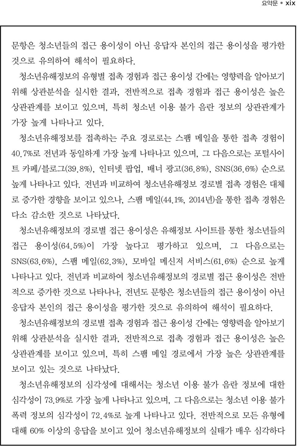 7%로 전년과 동일하게 가장 높게 나타나고 있으며, 그 다음으로는 포털사이 트 카페/블로그(39.8%), 팝업, 배너 광고(36.8%), SNS(36.6%) 순으로 높게 나타나고 있다. 전년과 비교하여 청소년유해정보 경로별 접촉 경험은 대체 로 증가한 경향을 보이고 있으나, 스팸 메일(44.