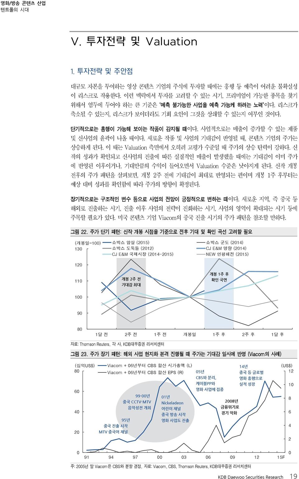 이 때는 Valuation 측면에서 오히려 고평가 수준일 때 주가의 상승 탄력이 강하다. 신 작의 성과가 확인되고 신사업의 진출에 따른 실질적인 매출이 발생했을 때에는 기대감이 이미 주가 에 반영된 이후이거나, 기대만큼의 수익이 들어오면서 Valuation 수준은 낮아지게 된다.