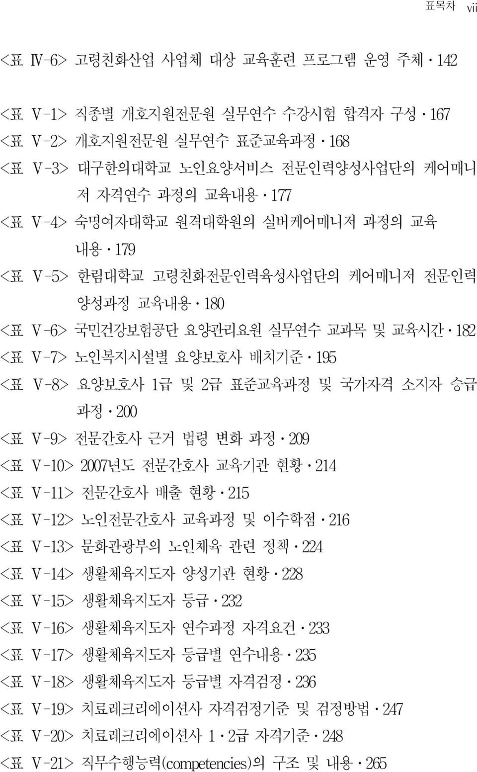 승급 과정 200 <표 Ⅴ-9> 전문간호사 근거 법령 변화 과정 209 <표 Ⅴ-10> 2007년도 전문간호사 교육기관 현황 214 <표 Ⅴ-11> 전문간호사 배출 현황 215 <표 Ⅴ-12> 노인전문간호사 교육과정 및 이수학점 216 <표 Ⅴ-13> 문화관광부의 노인체육 관련 정책 224 <표 Ⅴ-14> 생활체육지도자 양성기관 현황 228 <표