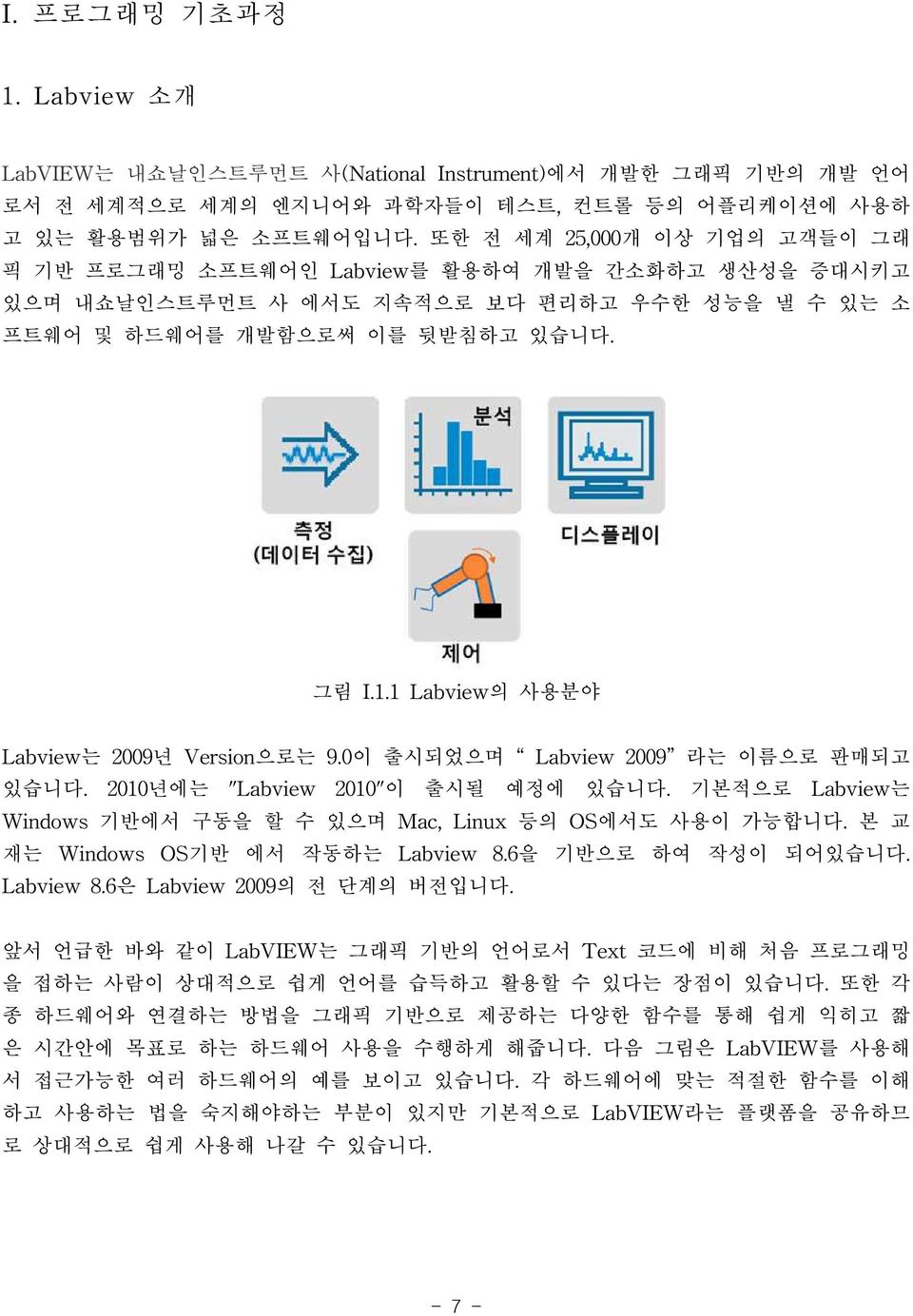 1 Labview의 사용분야 Labview는 2009년 Version으로는 9.0이 출시되었으며 Labview 2009 라는 이름으로 판매되고 있습니다. 2010년에는 "Labview 2010"이 출시될 예정에 있습니다. 기본적으로 Labview는 Windows 기반에서 구동을 할 수 있으며 Mac, Linux 등의 OS에서도 사용이 가능합니다.