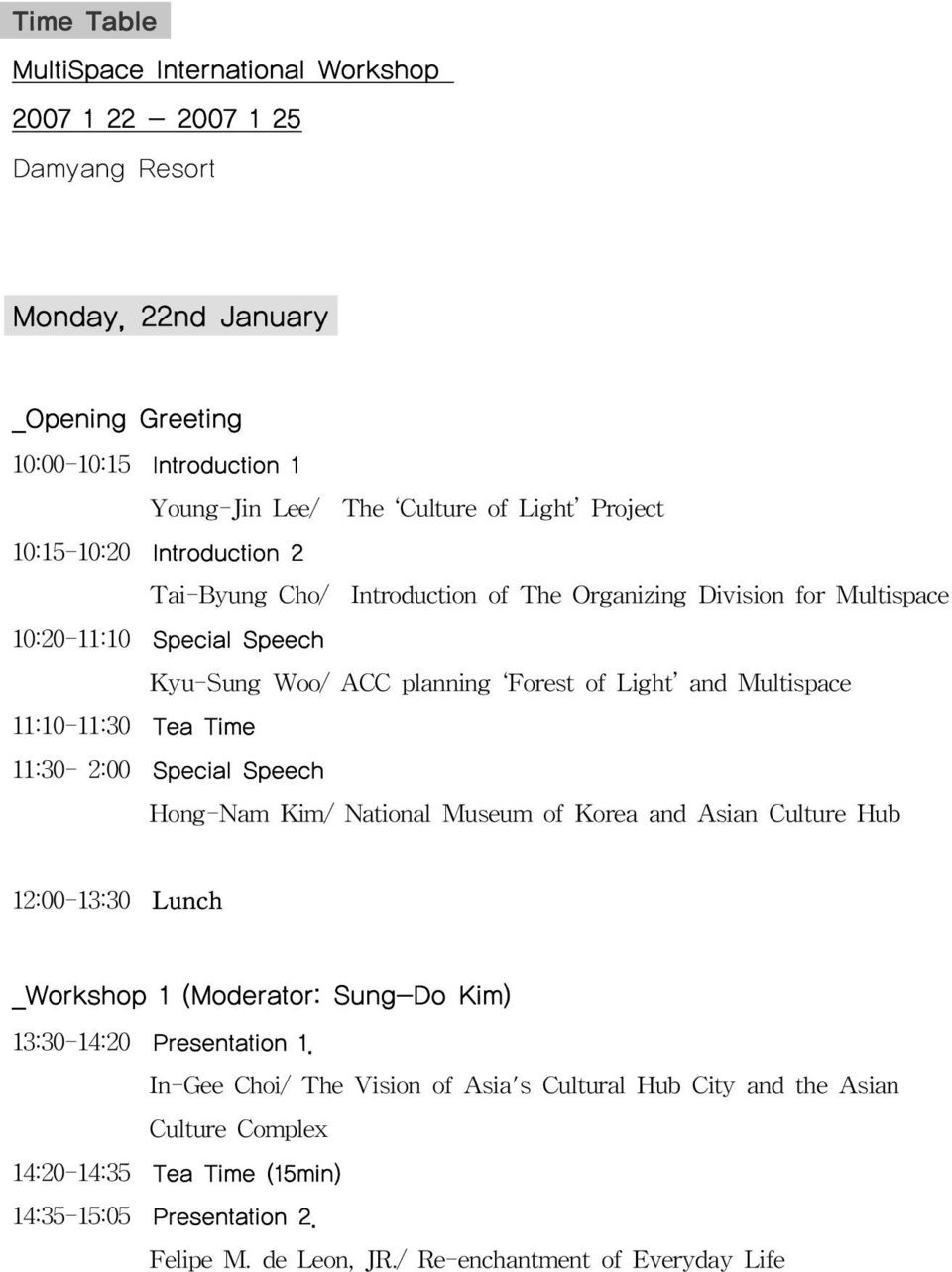11:10-11:30 Tea Time 11:30-2:00 Special Speech Hong-Nam Kim/ National Museum of Korea and Asian Culture Hub 12:00-13:30 Lunch _Workshop 1 (Moderator: Sung-Do Kim) 13:30-14:20 Presentation 1.