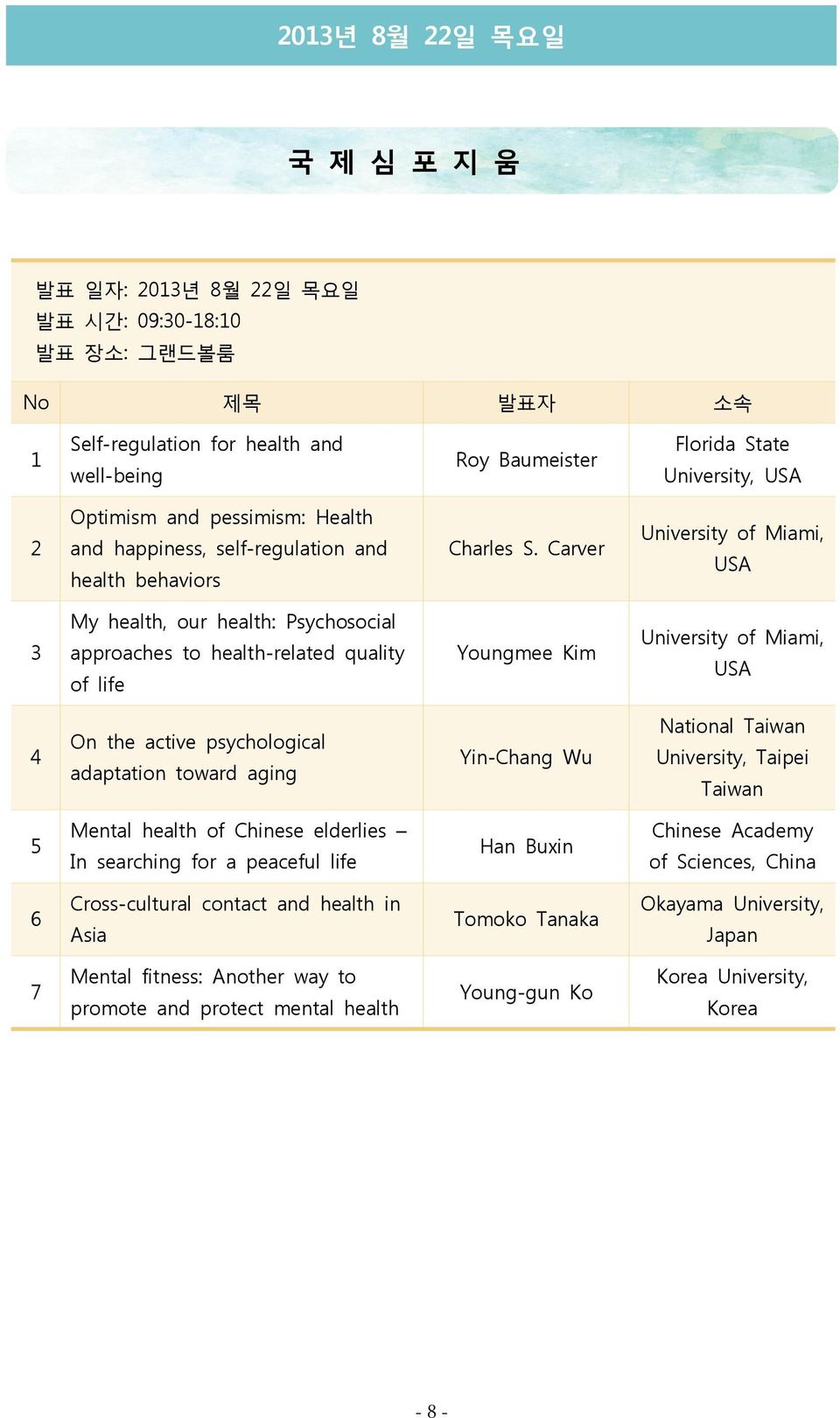 Carver University of Miami, USA 3 My health, our health: Psychosocial approaches to health-related quality of life Youngmee Kim University of Miami, USA 4 On the active psychological adaptation