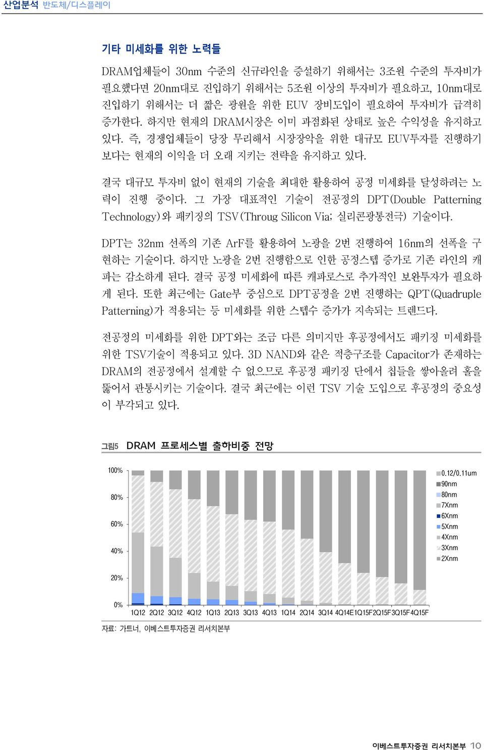 그 가장 대표적인 기술이 전공정의 DPT(Double Patterning Technology)와 패키징의 TSV(Throug Silicon Via; 실리콘광통전극) 기술이다. DPT는 32nm 선폭의 기존 ArF를 활용하여 노광을 2번 진행하여 16nm의 선폭을 구 현하는 기술이다.