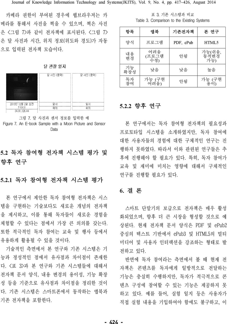 An E-book Sample with a Moon Picture and Sensor Data 5.2 독자 참여형 전자책 시스템 평가 및 향후 연구 5.2.1 독자 참여형 전자책 시스템 평가 본 연구에서 제안한 독자 참여형 전자책은 시스 템을 구현하는 기술보다도 새로운 개념의 전자책 을 제시하고, 이를 통해 독자들이 새로운 경험을 체험할 수 있다는 점에서 가장 큰 의의를 갖는다.