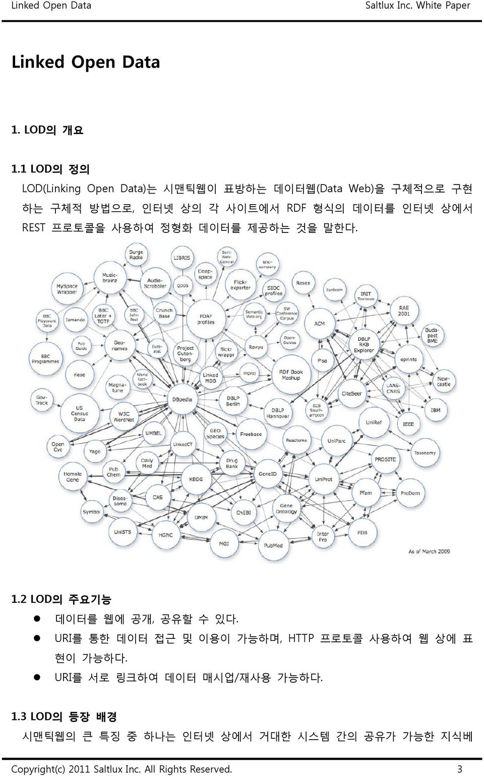 데이터를 인터넷 상에서 REST 프로토콜을 사용하여 정형화 데이터를 제공하는 것을 말한다. 1.2 LOD의 주요기능 데이터를 웹에 공개, 공유할 수 있다.