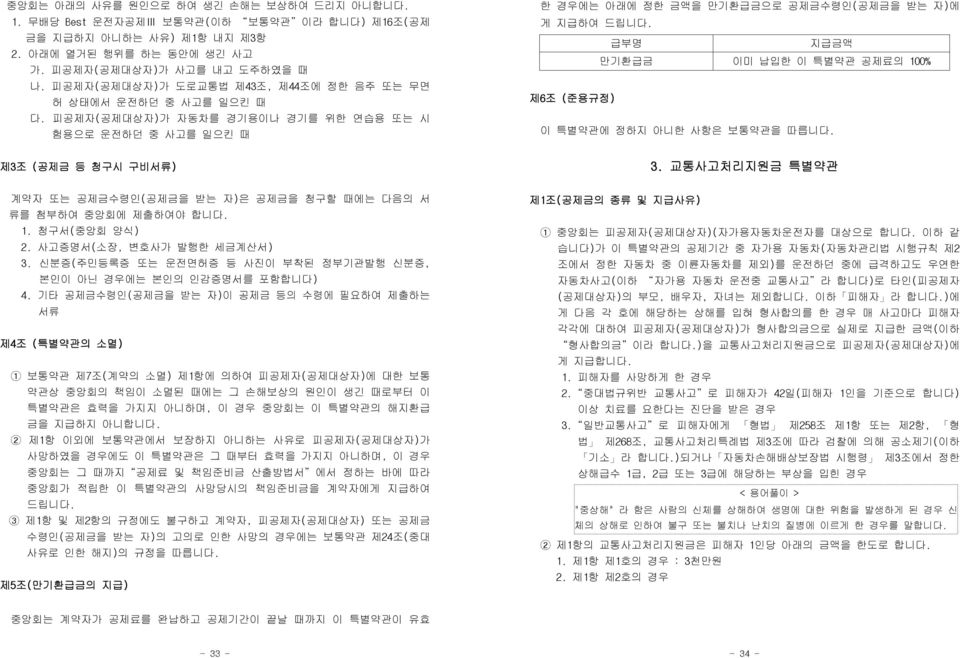 급부명 지급금액 만기환급금 이미 납입한 이 특별약관 공제료의 0% 제6조 (준용규정) 이 특별약관에 정하지 아니한 사항은 보통약관을 따릅니다. 제3조 (공제금 등 청구시 구비서류) 3. 교통사고처리지원금 특별약관 계약자 또는 공제금수령인(공제금을 받는 자)은 공제금을 청구할 때에는 다음의 서 류를 첨부하여 중앙회에 제출하여야 합니다. 1.