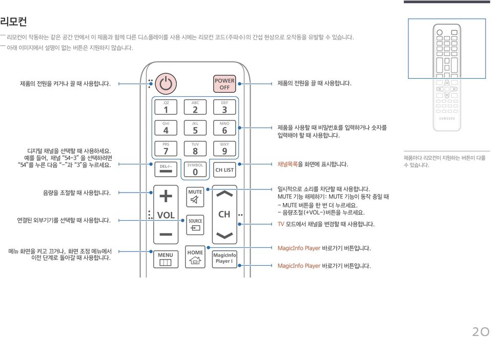 PRS 7 DEL-/ TUV 8 SYMBOL 0 WXY 9 CH LIST 채널목록을 화면에 표시합니다. 제품마다 리모컨이 지원하는 버튼이 다를 수 있습니다. 음량을 조절할 때 사용합니다. MUTE 일시적으로 소리를 차단할 때 사용합니다.