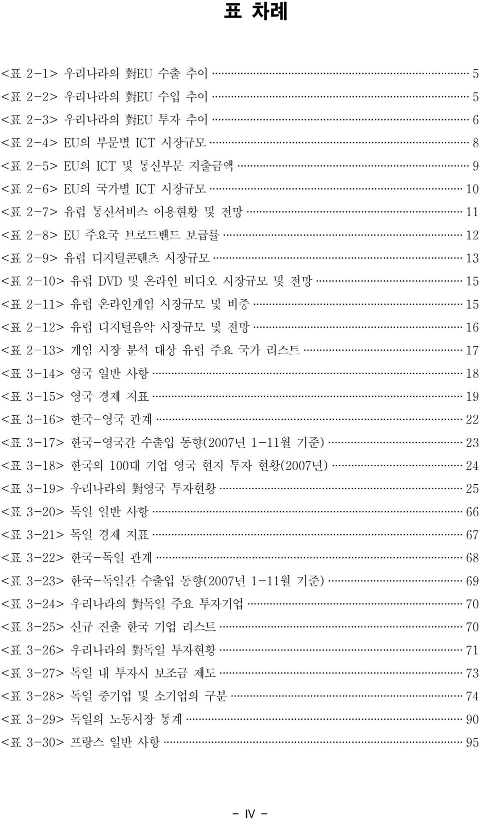 3-14> 영국 일반 사항 18 <표 3-15> 영국 경제 지표 19 <표 3-16> 한국-영국 관계 22 <표 3-17> 한국-영국간 수출입 동향(2007년 1-11월 기준) 23 <표 3-18> 한국의 100대 기업 영국 현지 투자 현황(2007년) 24 <표 3-19> 우리나라의 對 영국 투자현황 25 <표 3-20> 독일 일반 사항 66 <표