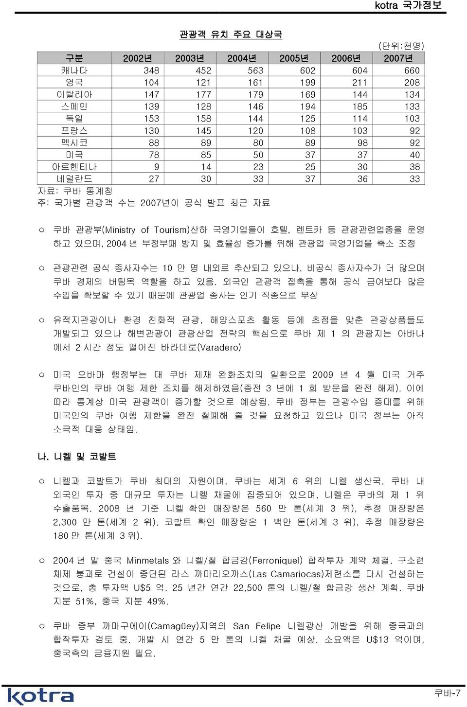 호텔, 렌트카 등 관광관련업종을 운영 하고 있으며, 2004 년 부정부패 방지 및 효율성 증가를 위해 관광업 국영기업을 축소 조정 ㅇ 관광관련 공식 종사자수는 10 만 명 내외로 추산되고 있으나, 비공식 종사자수가 더 많으며 쿠바 경제의 버팀목 역할을 하고 있음.