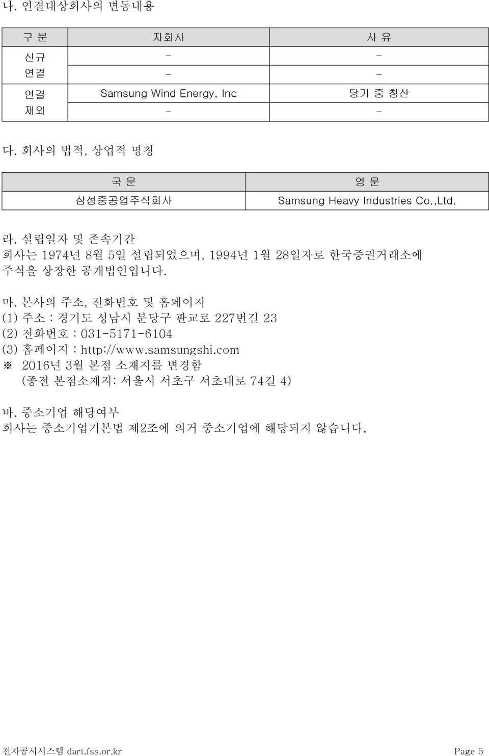 설립일자 및 존속기간 회사는 1974년 8월 5일 설립되었으며, 1994년 1월 28일자로 한국증권거래소에 주식을 상장한 공개법인입니다. 마.