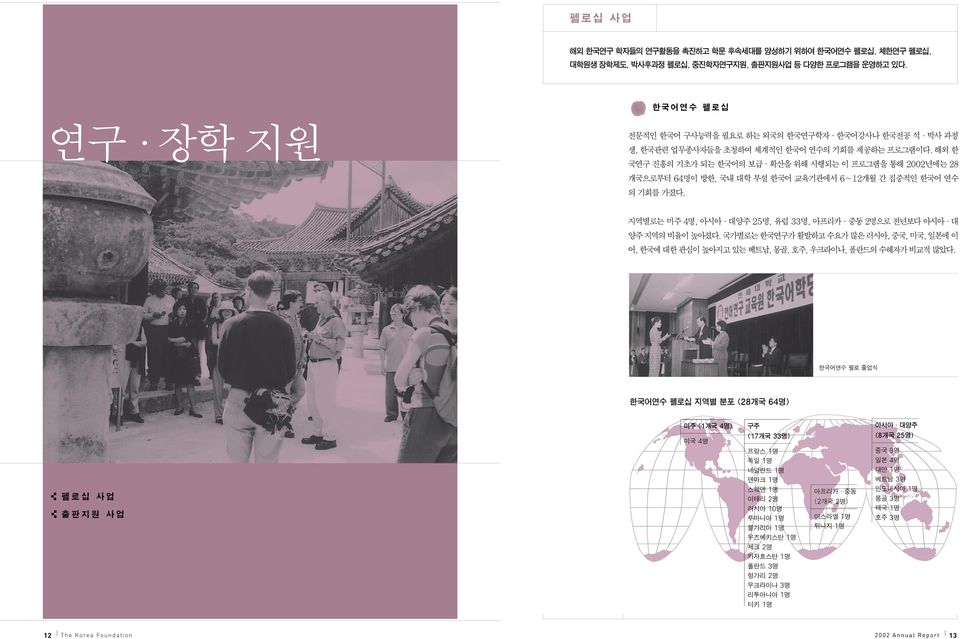 해외 한 국연구 진흥의 기초가 되는 한국어의 보급 확산을 위해 시행되는 이 프로그램을 통해 2002년에는 28 개국으로부터 64명이 방한, 국내 대학 부설 한국어 교육기관에서 6~12개월 간 집중적인 한국어 연수 의 기회를 가졌다.