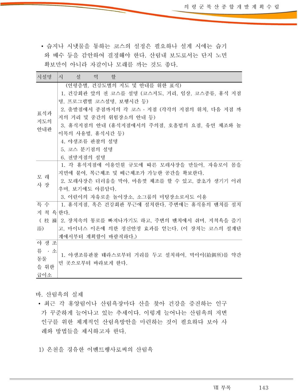 휴식지점의 안내 (휴식지점에서의 주의점, 호흡법의 요점, 유연 체조와 놀 안내판 이목의 사용법, 휴식시간 등) 4. 야생조류 관찰의 설명 5. 코스 분기점의 설명 6. 전망지점의 설명 1. 각 휴식지점에 이용인원 규모에 따른 모래사장을 만들어, 자유로이 몸을 지면에 붙여, 복근체조 및 배근체조가 가능한 공간을 확보한다. 모 래 2.