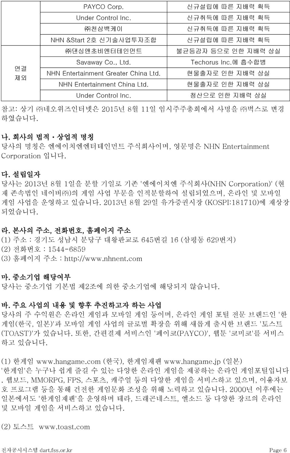 설립일자 당사는 2013년 8월 1일을 분할 기일로 기존 '엔에이치엔 주식회사(NHN Corporation)' (현 재 존속법인 네이버 )의 게임 사업 부문을 인적분할하여 설립되었으며, 온라인 및 모바일 게임 사업을 운영하고 있습니다. 2013년 8월 29일 유가증권시장 (KOSPI:181710)에 재상장 되었습니다. 라.