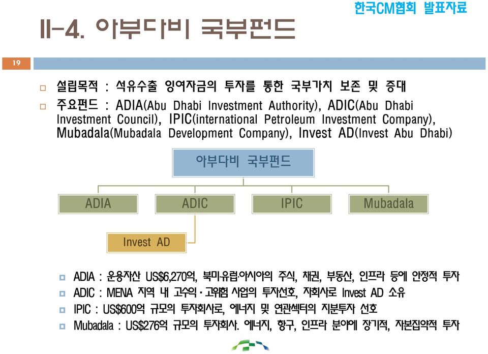 아부다비 국부펀드 ADIA ADIC IPIC Mubadala Invest AD ADIA : 운용자산 US$6,270억, 북미 유럽 아시아의 주식, 채권, 부동산, 인프라 등에 안정적 투자 ADIC : MENA 지역 내 고수익 고위험