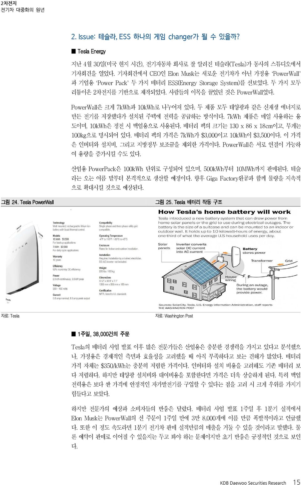 PowerWall은 크게 7kWh과 1kWh로 나누어져 있다. 두 제품 모두 태양광과 같은 신재생 에너지로 만든 전기를 저장했다가 설치된 주택에 전력을 공급하는 방식이다. 7kWh 제품은 매일 사용하는 용 도이며, 1kWh은 정전 시 백업용으로 사용된다. 배터리 팩의 크기는 13 x 86 x 18cm이고, 무게는 1kg으로 명시되어 있다.