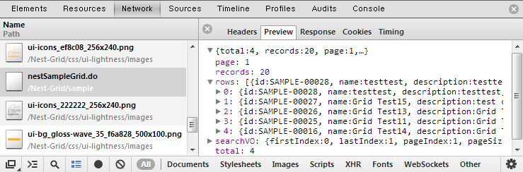 4.5 json data 처리 개별파라미터 4. jsonview 연동 서버에서만들어주는 json data 의형태에따라단말단에서읽는방법이다름 서버단리턴 model.addattribute("page", page); model.addattribute("total", pagesize); model.