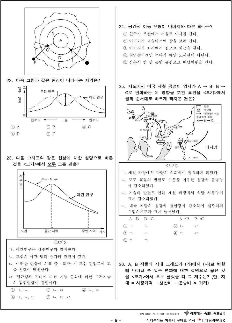 이러한 현상에 의해 출 퇴근 시 도심 진입로에 교 통 혼잡이 발생한 ㄹ. 접근성과 지대에 따른 기능 분화에 의한 주거기능 의 집심현상이 원인이 1 ㄱ, ㄴ 2 ㄴ, ㄹ 3 ㄷ, ㄹ 4 ㄱ, ㄴ, ㄷ 5 ㄴ, ㄷ, ㄹ ㄱ. 제철 과정에서 다량의 석회석이 필요하게 되었 ㄴ. 도로 교통의 발달로 수운을 이용한 철광석 운송량 이 감소하였 ㄷ.