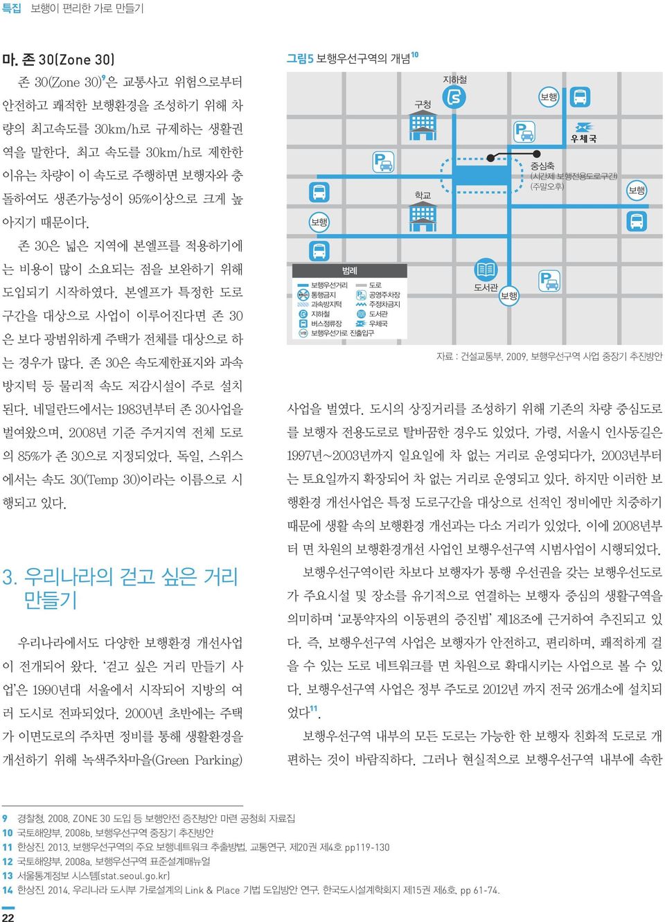 네덜란드에서는 1983년부터 존 30사업을 벌여왔으며, 2008년 기준 주거지역 전체 도로 의 85%가 존 30으로 지정되었다. 독일, 스위스 에서는 속도 30(Temp 30)이라는 이름으로 시 행되고 있다. 3. 우리나라의 걷고 싶은 거리 만들기 우리나라에서도 다양한 환경 개선사업 이 전개되어 왔다.