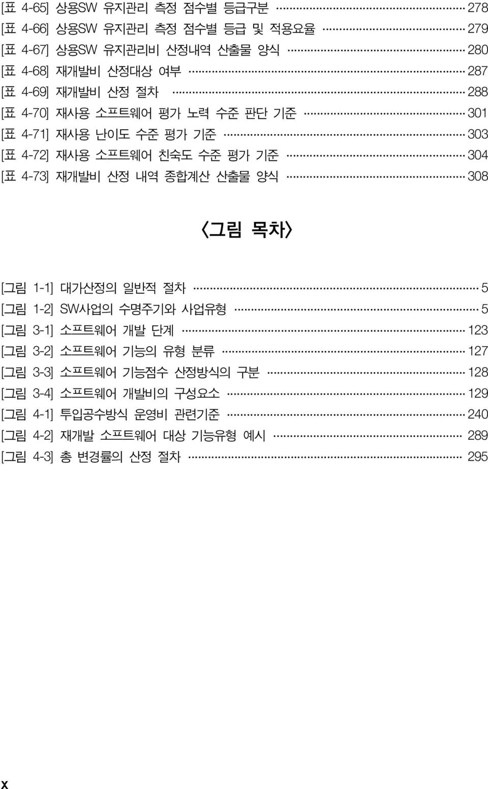 내역 종합계산 산출물 양식 308 <그림 목차> [그림 1-1] 대가산정의 일반적 절차 5 [그림 1-2] SW사업의 수명주기와 사업유형 5 [그림 3-1] 소프트웨어 개발 단계 123 [그림 3-2] 소프트웨어 기능의 유형 분류 127 [그림 3-3]