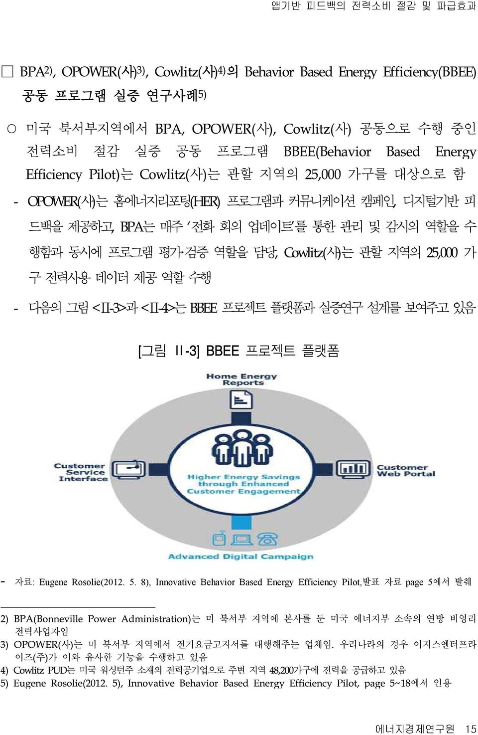 검증 역할을 담당, Cowlitz(사)는 관할 지역의 25,000 가 구 전력사용 데이터 제공 역할 수행 - 다음의 그림 <Ⅱ-3>과 <Ⅱ-4>는 BBEE 프로젝트 플랫폼과 실증연구 설계를 보여주고 있음 [그림 Ⅱ-3] BBEE 프로젝트 플랫폼 - 자료: Eugene Rosolie(2012. 5.