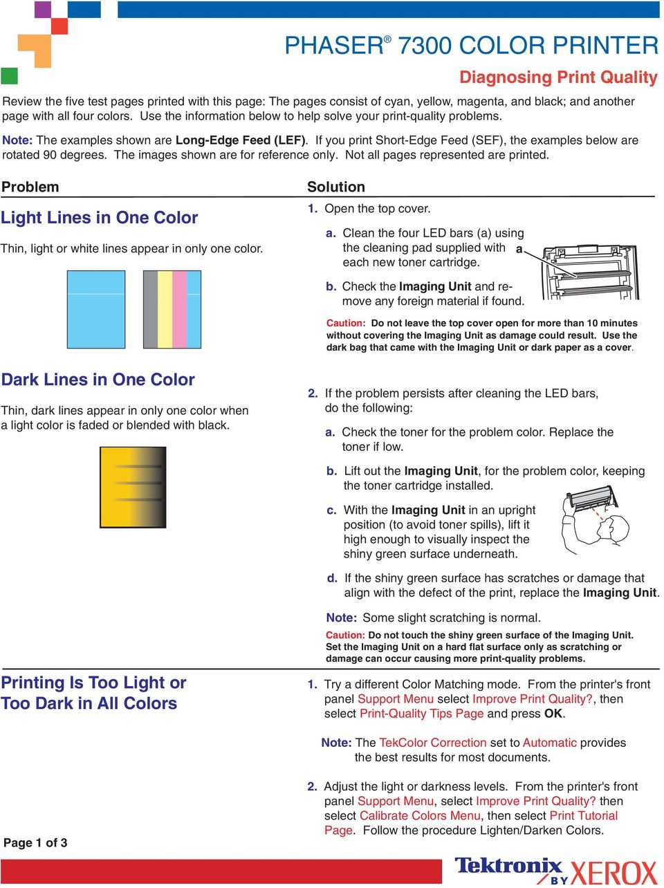 The images shown are for reference only. Not all pages represented are printed. Problem Light Lines in One Color Thin, light or white lines appear in only one color. Solution 1. Open the top cover. a. Clean the four LED bars (a) using the cleaning pad supplied with a each new toner cartridge.