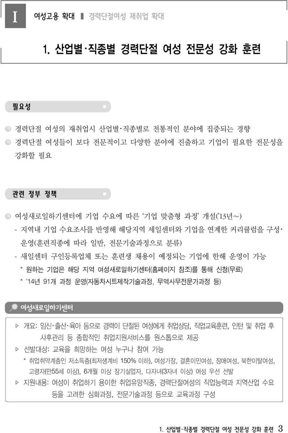 반영해 해당지역 세일센터와 기업을 연계한 커리큘럼을 구성 운영(훈련직종에 따라 일반, 전문기술과정으로 분류) - 새일센터 구인등록업체 또는 훈련생 채용이 예정되는 기업에 한해 운영이 가능 * 원하는 기업은 해당 지역 여성새로일하기센터(홈페이지 참조)를 통해 신청(무료) * 14년 91개 과정 운영(자동차시트제작기술과정,