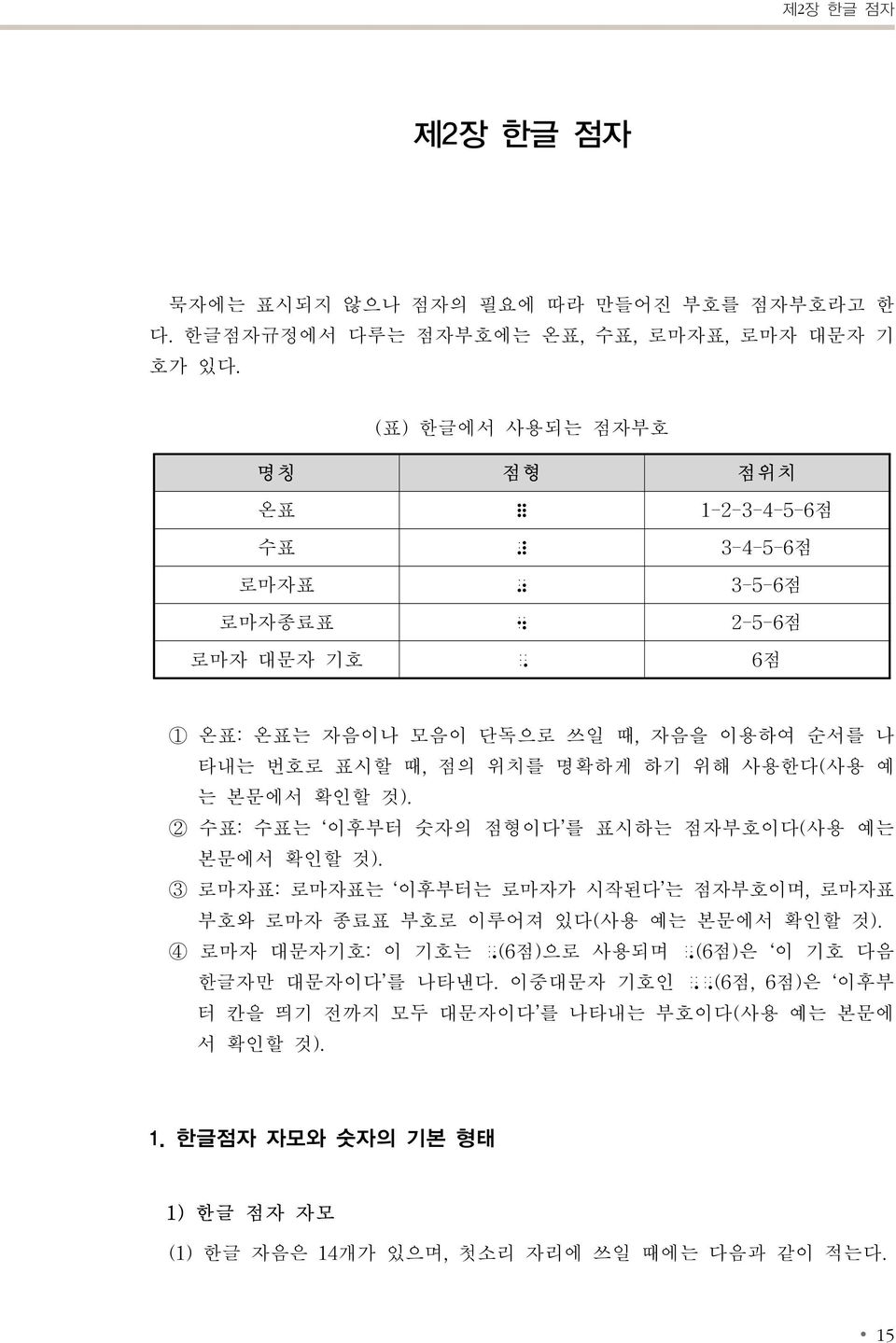 명확하게 하기 위해 사용한다(사용 예 는 본문에서 확인할 것). 2 수표: 수표는 이후부터 숫자의 점형이다 를 표시하는 점자부호이다(사용 예는 본문에서 확인할 것).