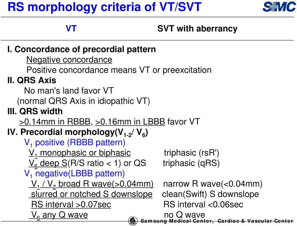 Precordial morphology(v 1-2 / V 6 ) V 1 positive (RBBB pattern) V 1 monophasic or biphasic triphasic (rsr') V 6 deep S(R/S ratio < 1) or QS triphasic (qrs) V 1