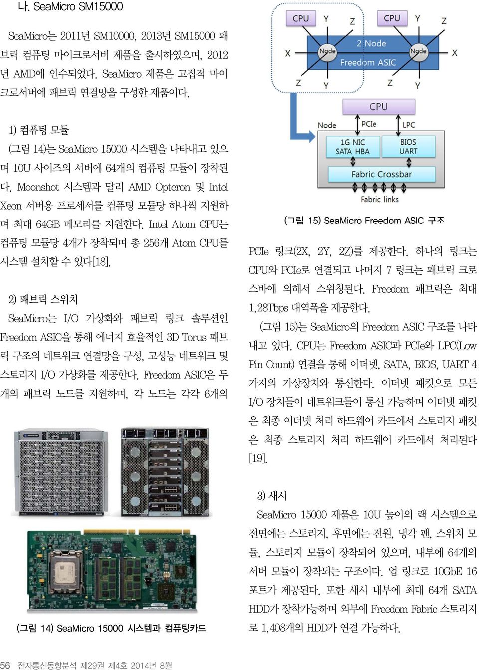 Intel Atom CPU는 컴퓨팅 모듈당 4개가 장착되며 총 256개 Atom CPU를 시스템 설치할 수 있다[18]. 2) 패브릭 스위치 SeaMicro는 I/O 가상화와 패브릭 링크 솔루션인 Freedom ASIC을 통해 에너지 효율적인 3D Torus 패브 릭 구조의 네트워크 연결망을 구성, 고성능 네트워크 및 스토리지 I/O 가상화를 제공한다.