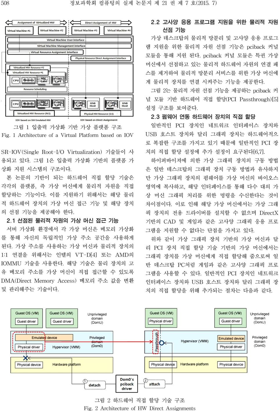 1 선점된 물리적 자원의 가상 머신 접근 기능 서버 가상화 환경에서 각 가상 머신은 메모리 가상화 를 통해 자신의 독립적인 가상 주소 공간을 사용하게 된다. 가상 주소를 사용하는 가상 머신과 물리적 장치의 1:1 연결을 위해서는 인텔의 VT-D[4] 또는 AMD의 IOMMU 기술을 사용한다.