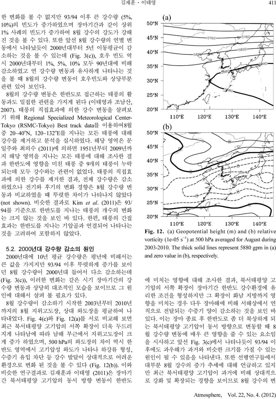 태풍의 직접효과에 의한 강수 변동을 살펴보 기 위해 Regional Specialized Meteorological Center- Tokyo (RSMC-Tokyo) Best track data를 이용하여8월 중 20~40 o N, 120~132 o E를 지나는 모든 태풍에 대해 강수를 제거하고 분석을 실시하였다.