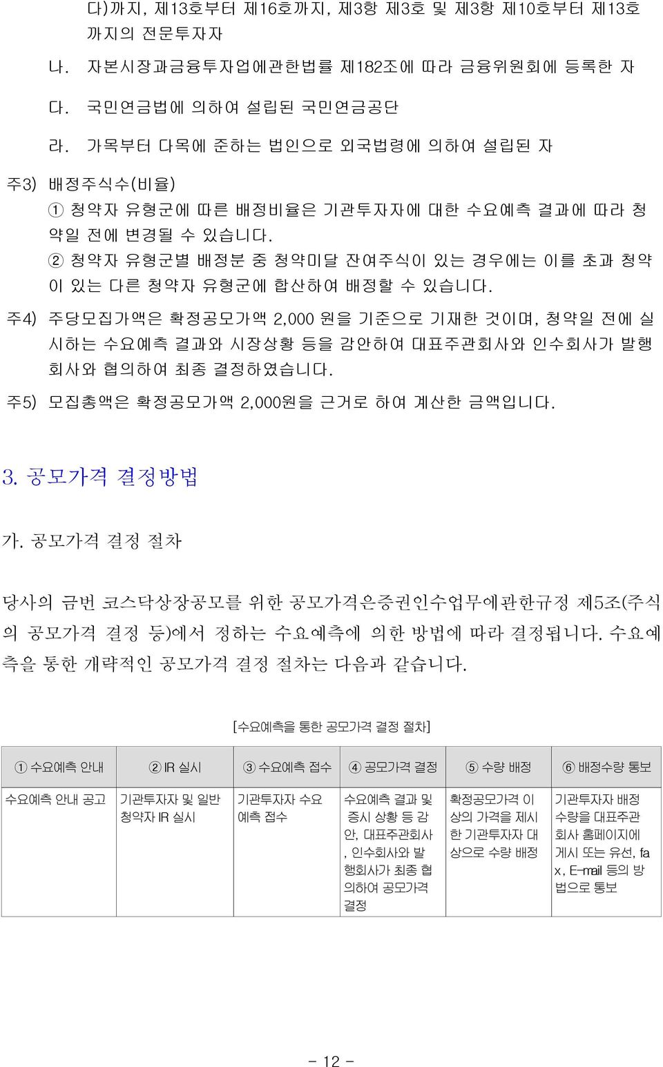 주4) 주당모집가액은 확정공모가액 2,000 원을 기준으로 기재한 것이며, 청약일 전에 실 시하는 수요예측 결과와 시장상황 등을 감안하여 대표주관회사와 인수회사가 발행 회사와 협의하여 최종 결정하였습니다. 주5) 모집총액은 확정공모가액 2,000원을 근거로 하여 계산한 금액입니다. 3. 공모가격 결정방법 가.