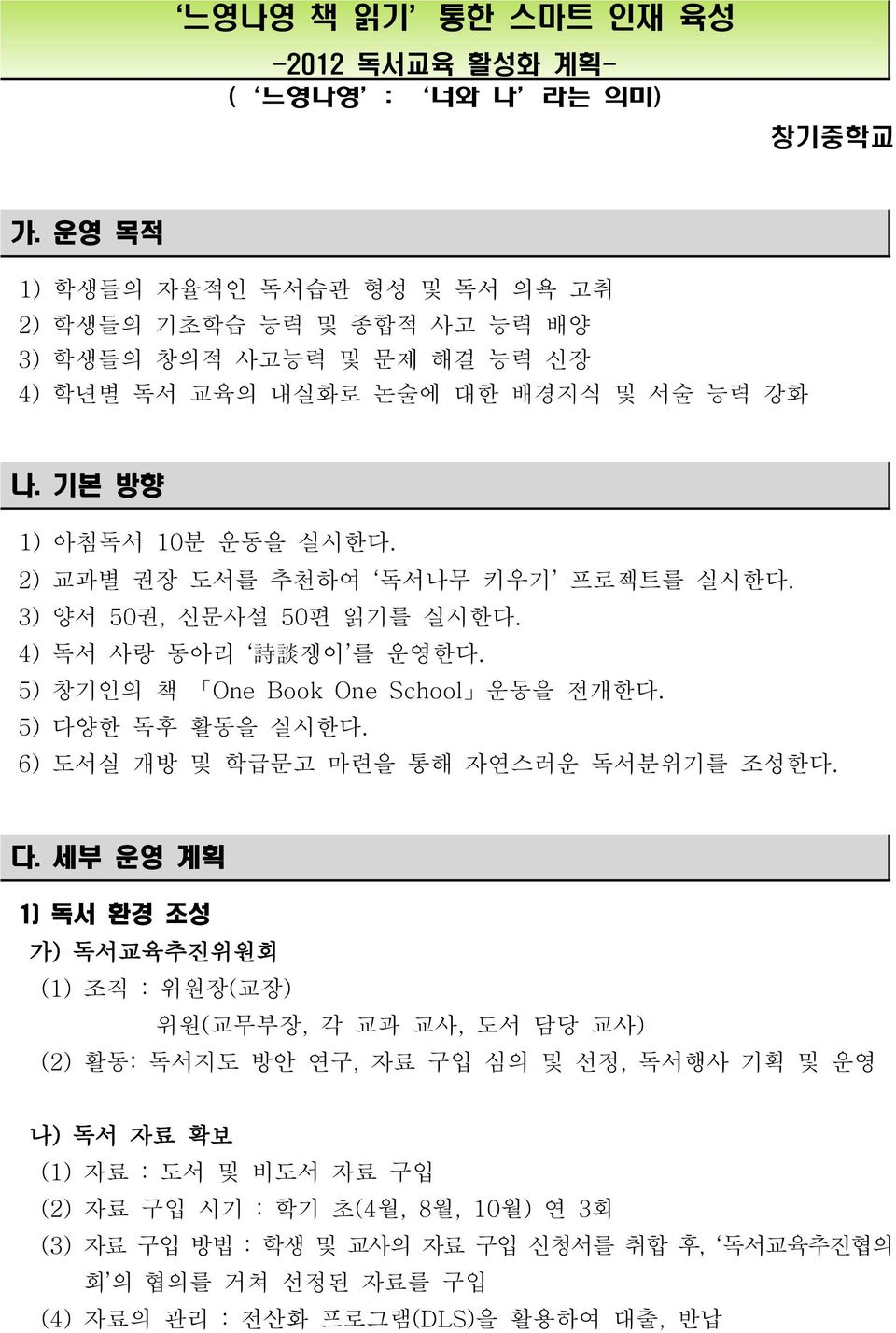 2) 교과별 권장 도서를 추천하여 독서나무 키우기 프로젝트를 실시한다. 3) 양서 50권, 신문사설 50편 읽기를 실시한다. 4) 독서 사랑 동아리 詩 談 쟁이 를 운영한다. 5) 창기인의 책 One Book One School 운동을 전개한다. 5) 다양한 독후 활동을 실시한다.