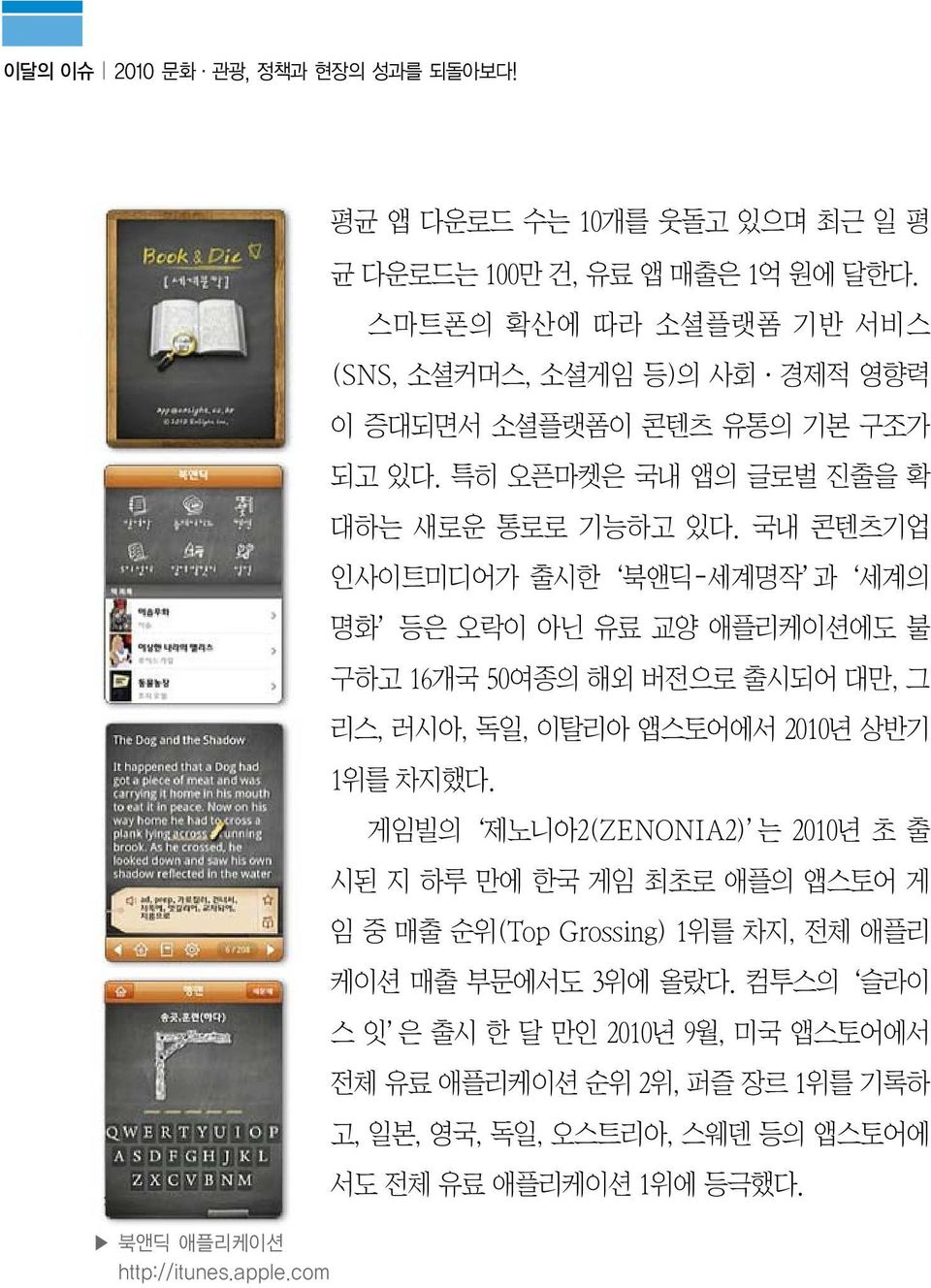 국내 콘텐츠기업 인사이트미디어가 출시한 북앤딕-세계명작 과 세계의 명화 등은 오락이 아닌 유료 교양 애플리케이션에도 불 구하고 16개국 50여종의 해외 버전으로 출시되어 대만, 그 리스, 러시아, 독일, 이탈리아 앱스토어에서 2010년 상반기 1위를 차지했다.