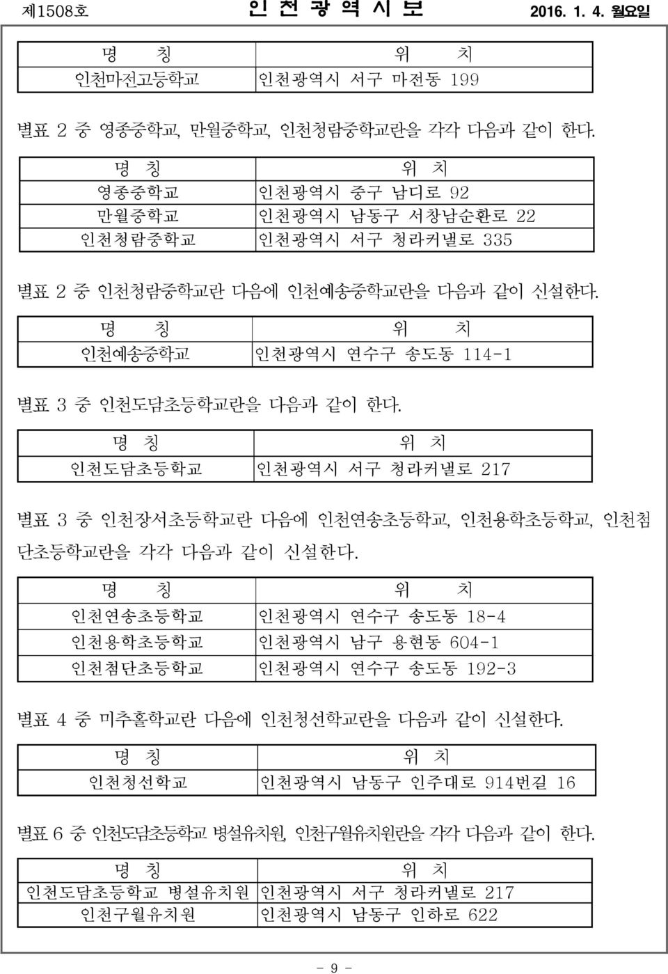 명 칭 위 치 인천예송중학교 인천광역시 연수구 송도동 114-1 별표 3 중 인천도담초등학교란을 다음과 같이 한다.