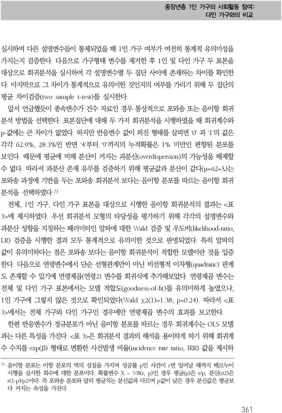 하지만 반응변수 값이 퍼진 형태를 살피면 0 과 1 의 값은 각각 62.9%, 28.3%인 반면 4 부터 9 까지의 누적확률은 1% 미만인 편향된 분포를 보인다. 때문에 평균에 비해 분산이 커지는 과분산(overdispersion)의 가능성을 배제할 수 없다.