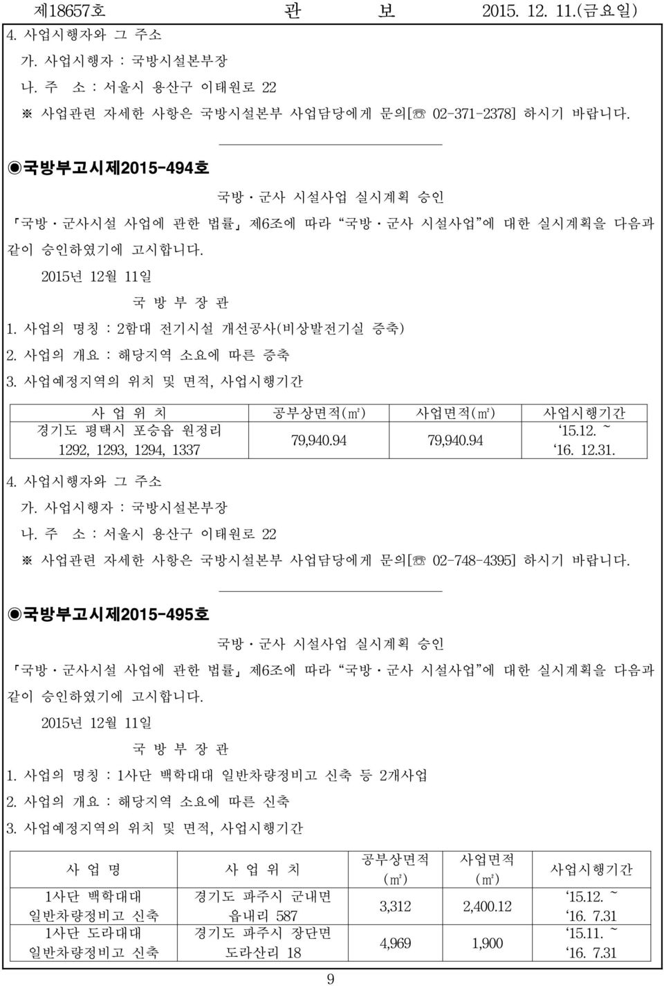 사업예정지역의 위치 및 면적, 사업시행기간 제6조에 따라 국방 군사 시설사업 에 대한 실시계획을 다음과 사 업 위 치 공부상면적(m2) 사업면적(m2) 사업시행기간 경기도 평택시 포승읍 원정리 15.12. ~ 79,940.94 79,940.94 1292, 1293, 1294, 1337 16. 12.31. 4. 사업시행자와 그 주소 가.