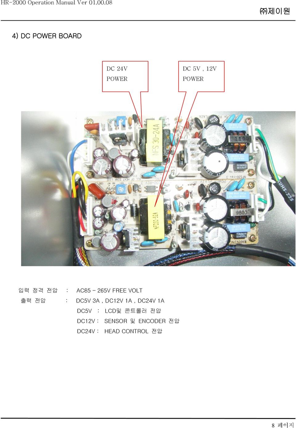 DC12V 1A, DC24V 1A DC5V : LCD및 콘트롤러 전압 DC12V :