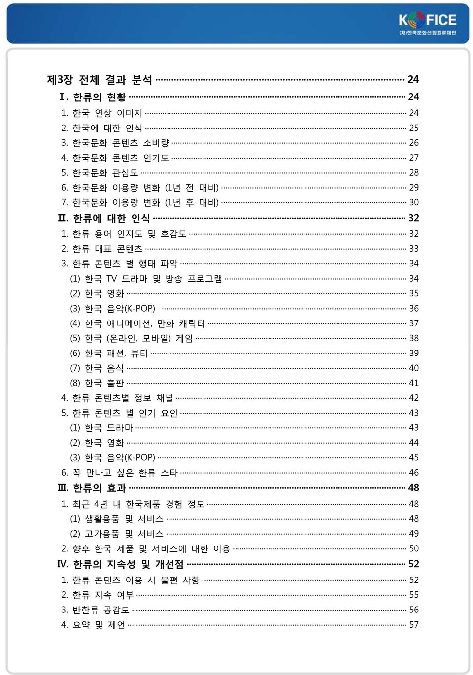 한류 콘텐츠 별 행태 파악 34 (1) 한국 TV 드라마 및 방송 프로그램 34 (2) 한국 영화 35 (3) 한국 음악(K-POP) 36 (4) 한국 애니메이션, 만화 캐릭터 37 (5) 한국 (온라인, 모바일) 게임 38 (6) 한국 패션, 뷰티 39 (7) 한국 음식 40 (8) 한국 출판 41 4.