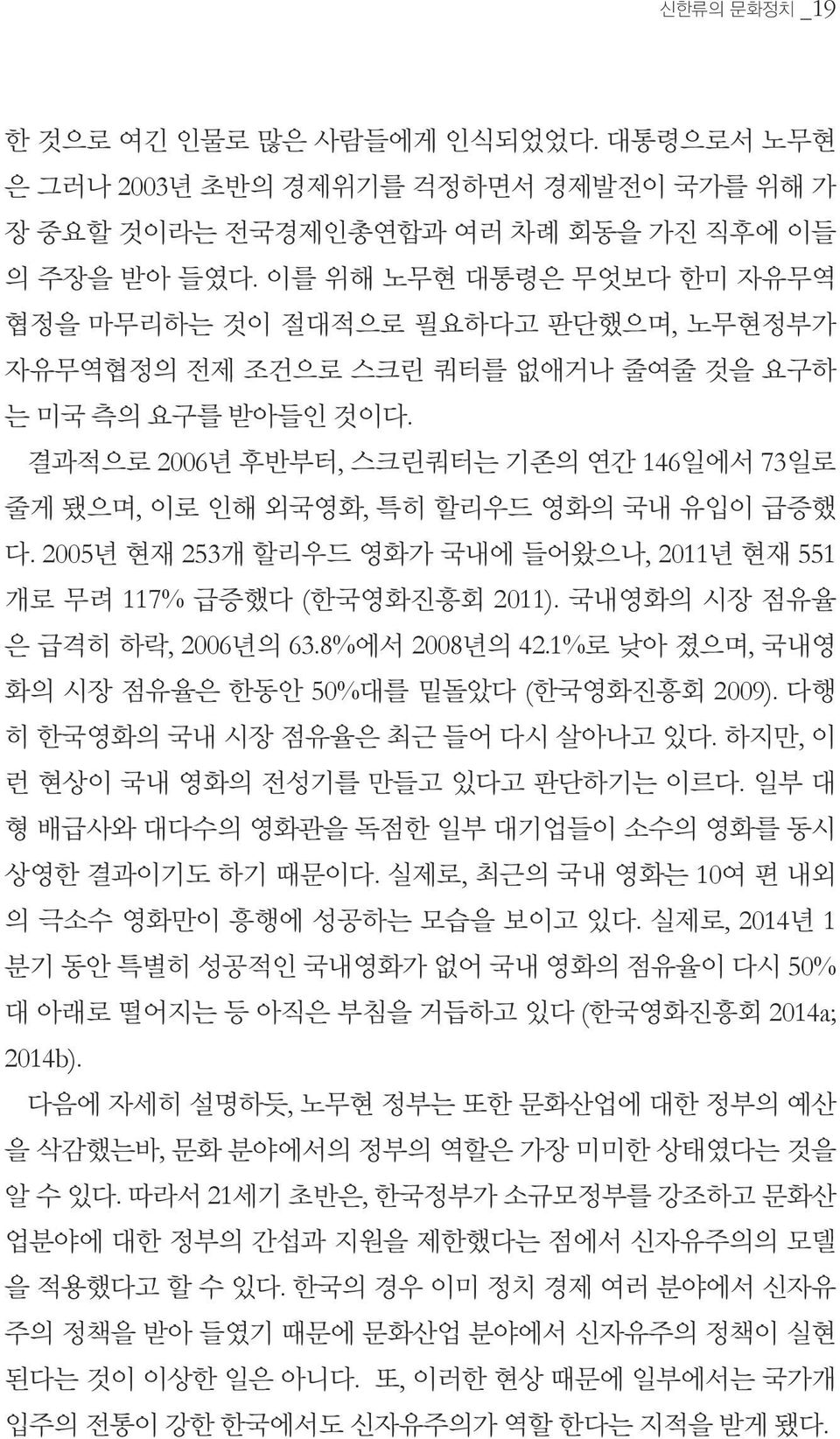 결과적으로 2006년 후반부터, 스크린쿼터는 기존의 연간 146일에서 73일로 줄게 됐으며, 이로 인해 외국영화, 특히 할리우드 영화의 국내 유입이 급증했 다. 2005년 현재 253개 할리우드 영화가 국내에 들어왔으나, 2011년 현재 551 개로 무려 117% 급증했다 (한국영화진흥회 2011).