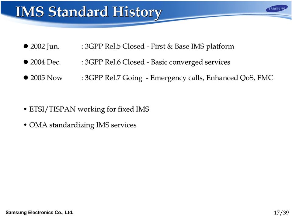 6 Closed - Basic converged services 2005 Now : 3GPP Rel.
