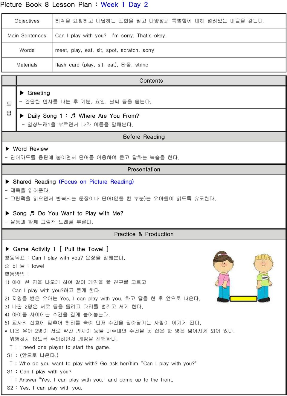 Before Reading Word Review - 단어카드를 융판에 붙이면서 단어를 이용하여 묻고 답하는 복습을 한다. Presentation Shared Reading (Focus on Picture Reading) - 제목을 읽어준다. - 그림책을 읽으면서 반복되는 문장이나 단어(밑줄 친 부분)는 유아들이 읽도록 유도한다.