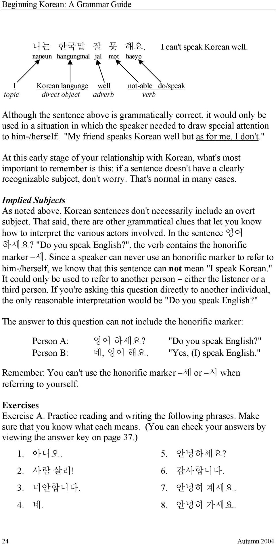 special attention to him-/herself: "My friend speaks Korean well but as for me, I don't.