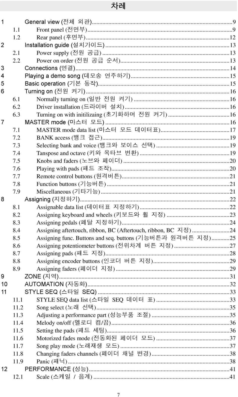 ..16 7 MASTER mode (마스터 모드)...16 7.1 MASTER mode data list (마스터 모드 데이터표)...17 7.2 BANK access (뱅크 접근)...19 7.3 Selecting bank and voice (뱅크와 보이스 선택)...19 7.4 Tanspose and octave (키와 옥타브 변환)...19 7.5 Knobs and faders (노브와 페이더).