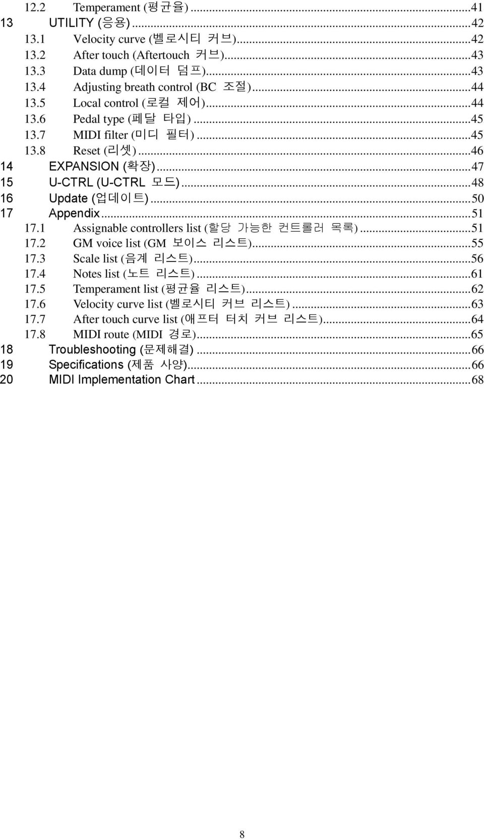 1 Assignable controllers list (할당 가능한 컨트롤러 목록)...51 17.2 GM voice list (GM 보이스 리스트)...55 17.3 Scale list (음계 리스트)...56 17.4 Notes list (노트 리스트)...61 17.5 Temperament list (평균율 리스트)...62 17.