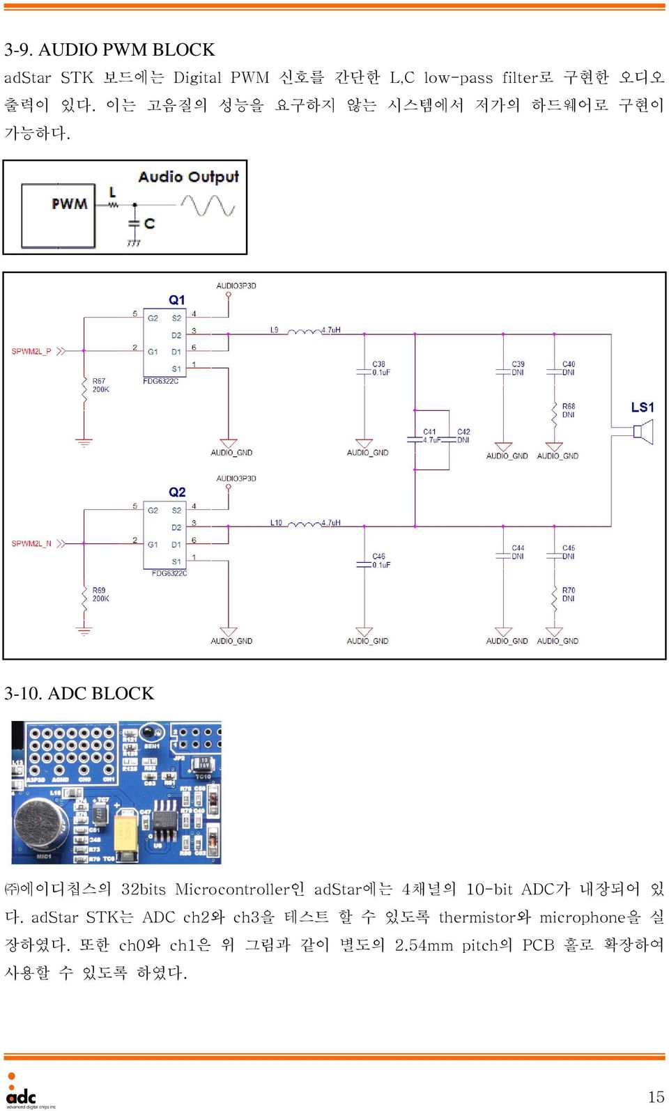 ADC BLOCK 에이디칩스의 32bits Microcontroller인 adstar에는 4채널의 10-bit ADC가 내장되어 있 다.