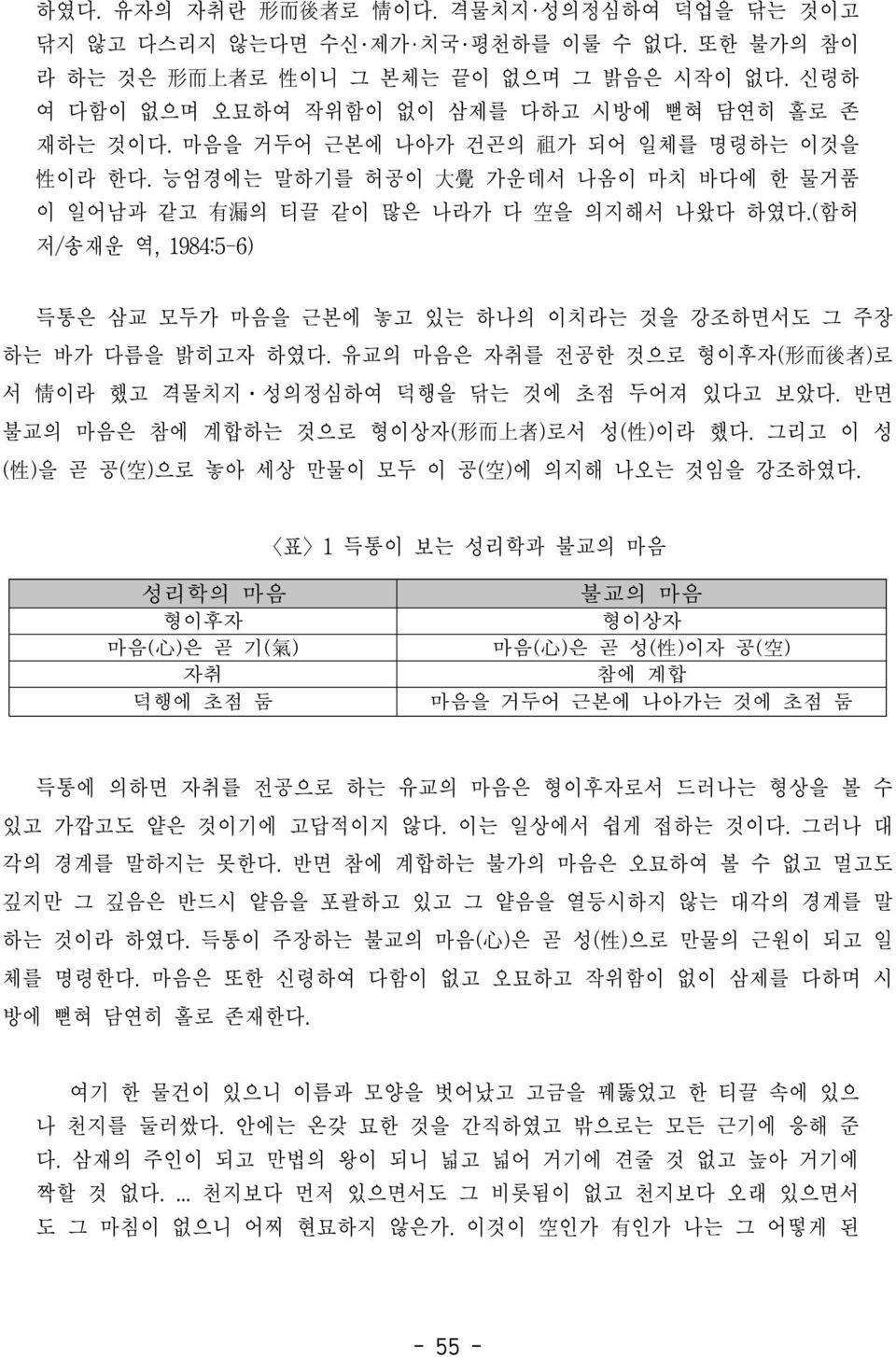 (함허 저/송재운 역, 1984:5-6) 득통은 삼교 모두가 마음을 근본에 놓고 있는 하나의 이치라는 것을 강조하면서도 그 주장 하는 바가 다름을 밝히고자 하였다. 유교의 마음은 자취를 전공한 것으로 형이후자( 形 而 後 者 )로 서 情 이라 했고 격물치지 성의정심하여 덕행을 닦는 것에 초점 두어져 있다고 보았다.