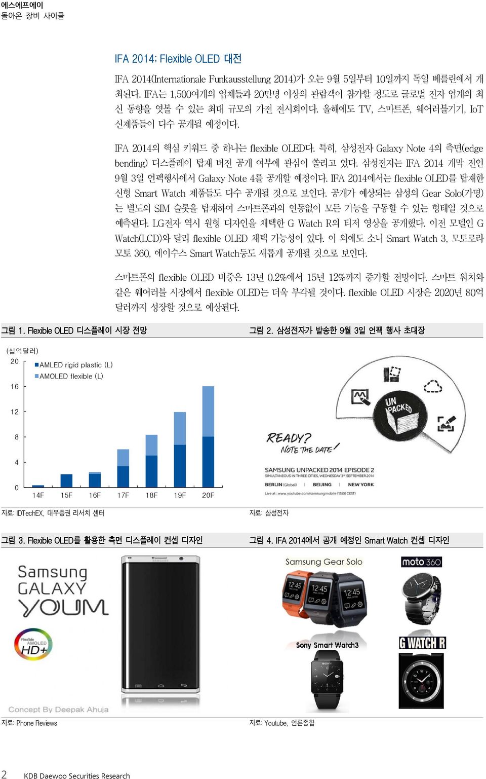삼성전자는 IFA 214 개막 전인 9월 3일 언팩행사에서 Galaxy Note 4를 공개할 예정이다. IFA 214에서는 flexible OLED를 탑재한 신형 Smart Watch 제품들도 다수 공개될 것으로 보인다.